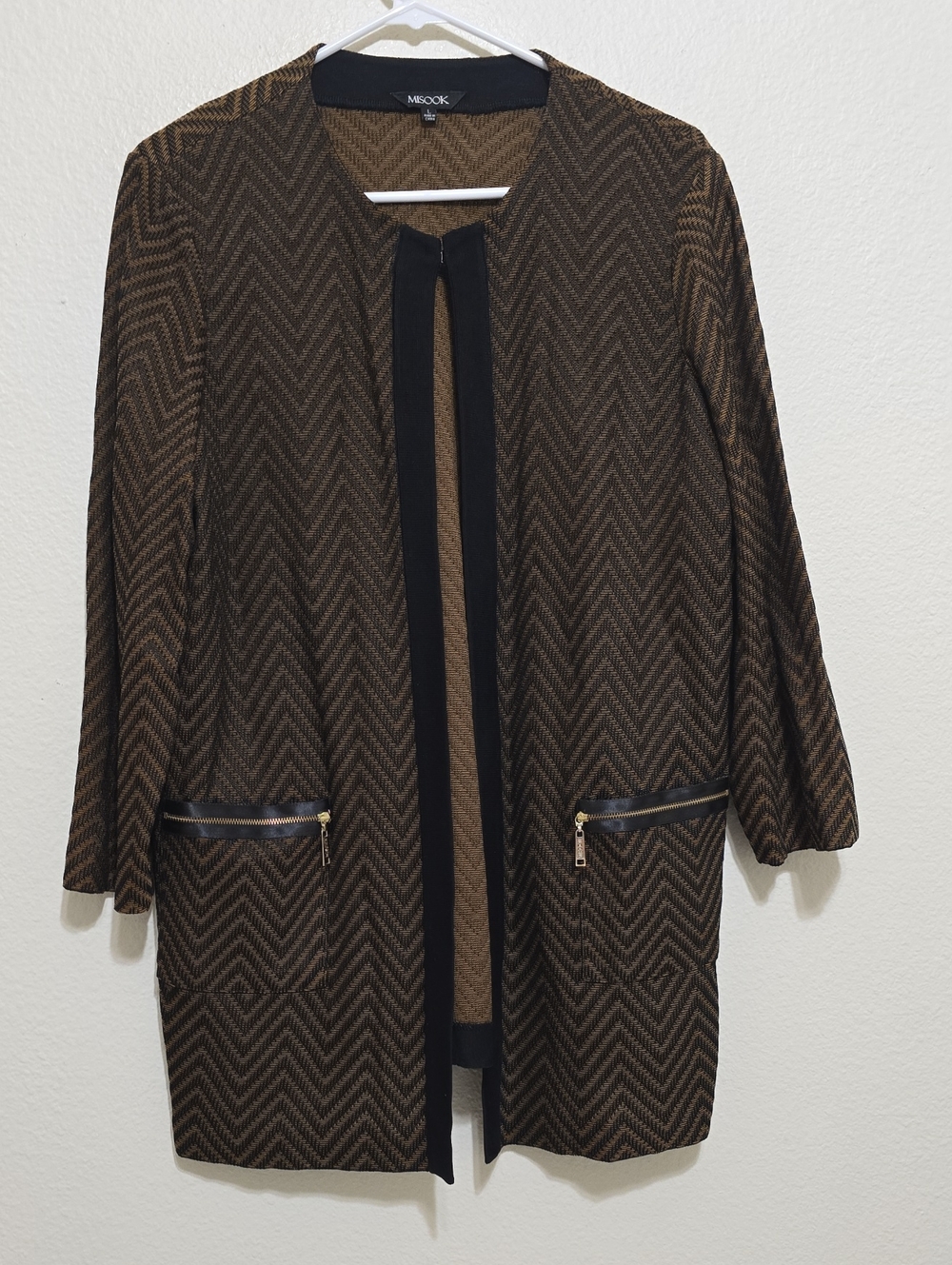 Misook Brown Chevron Collarless Blazer with Black Trim L
